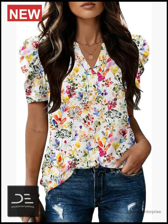 Tops - Puff Sleeve V-Neck Blouse Women Spring Summer Work Tops